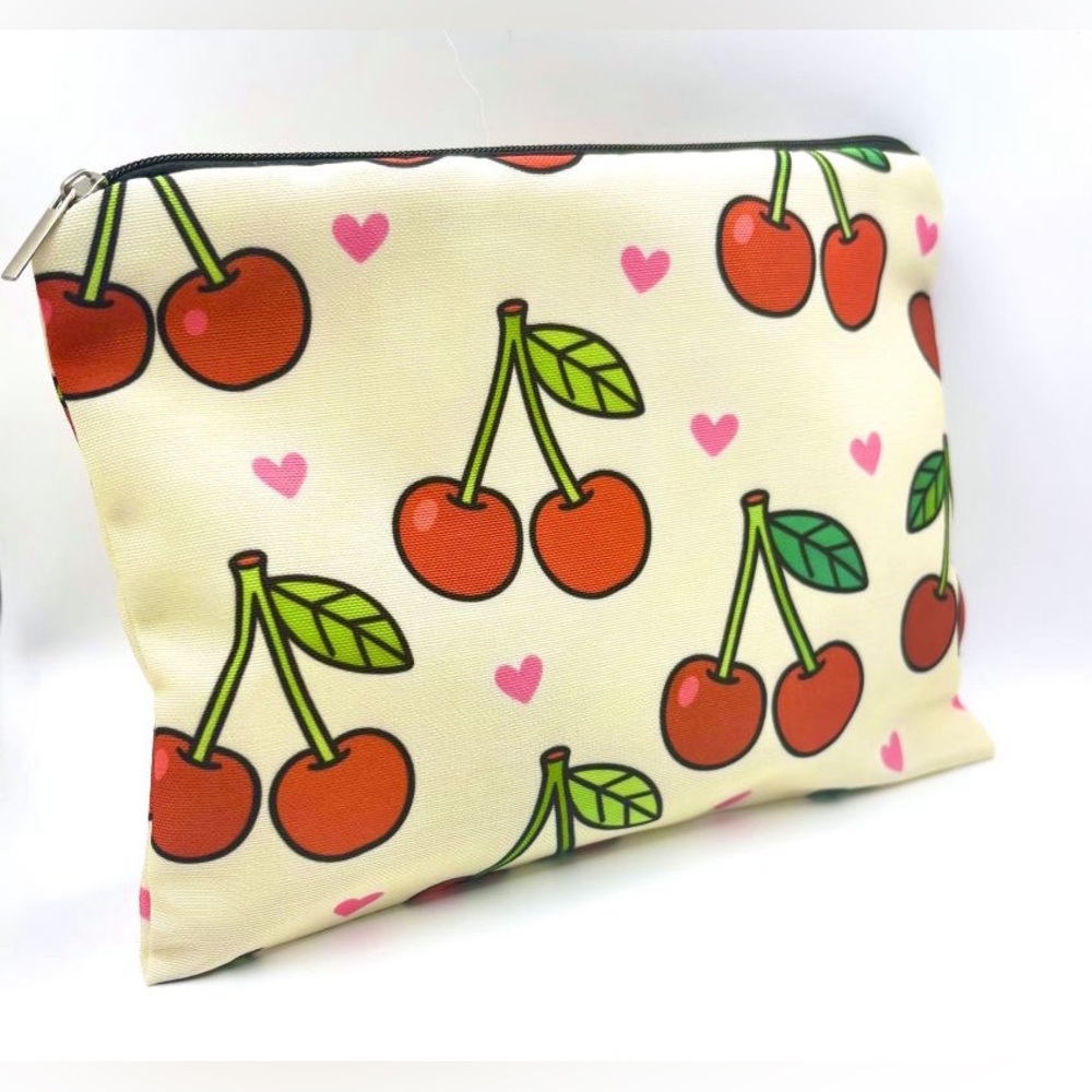 Cute Cream Red Cherries Pink Hearts Zippered Pouch Cosmetics Makeup Travel Bag